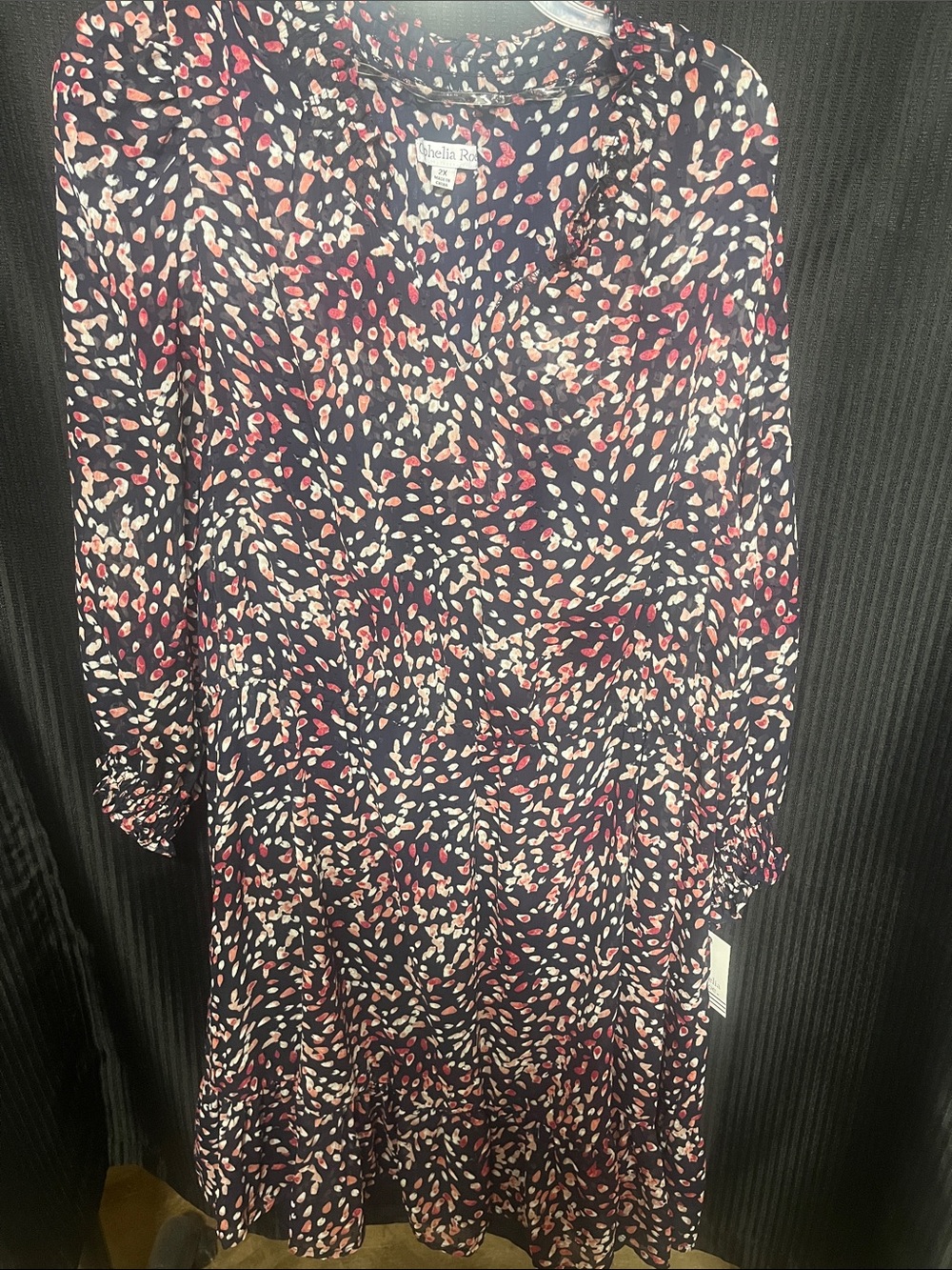 Ophelia Roe Black Long-Sleeve Printed Tiered Dress with Pink and Cream Accents